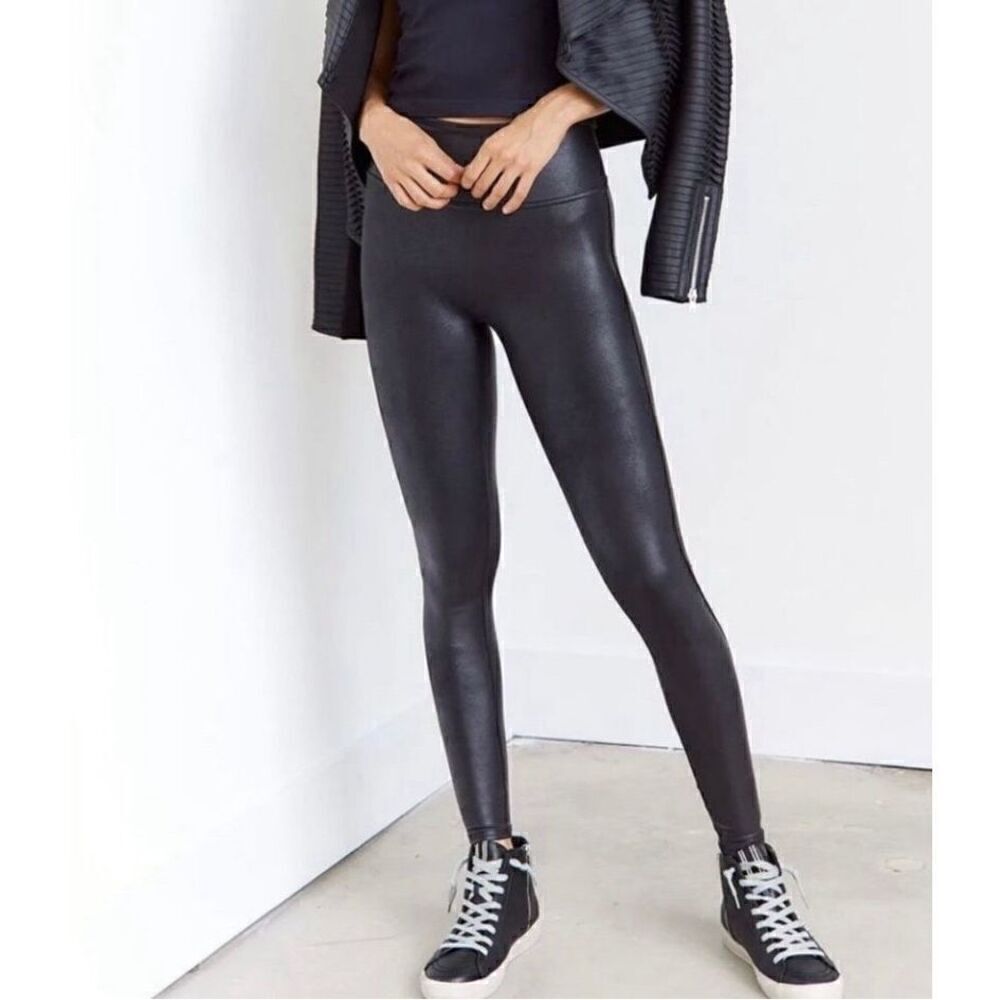 SPANX Faux Leather Leggings Black Size Small Stretch Slimming
